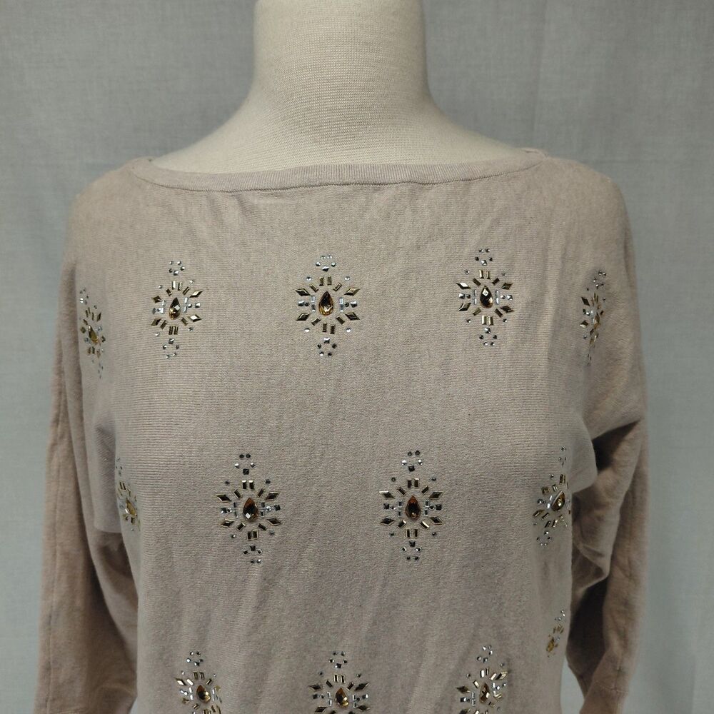 White House Black Market boat neck jeweled 3/4 sleeve sweater SZ M - Picture 4 of 9
